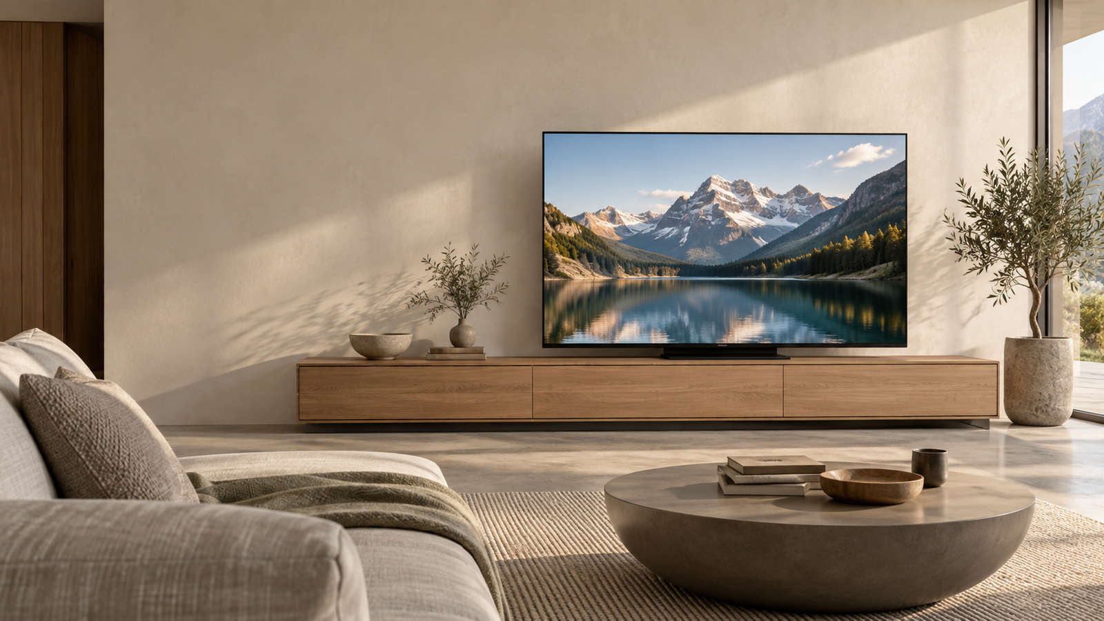 Wohnzimmer mit einem großen Fernseher auf einem Holz-Sideboard